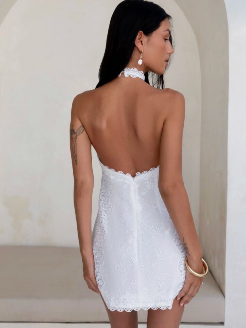 Hello Molly Valentine Cotton Lace Halter Open Back Flared Mini Dress White, S - Picture 4 of 10